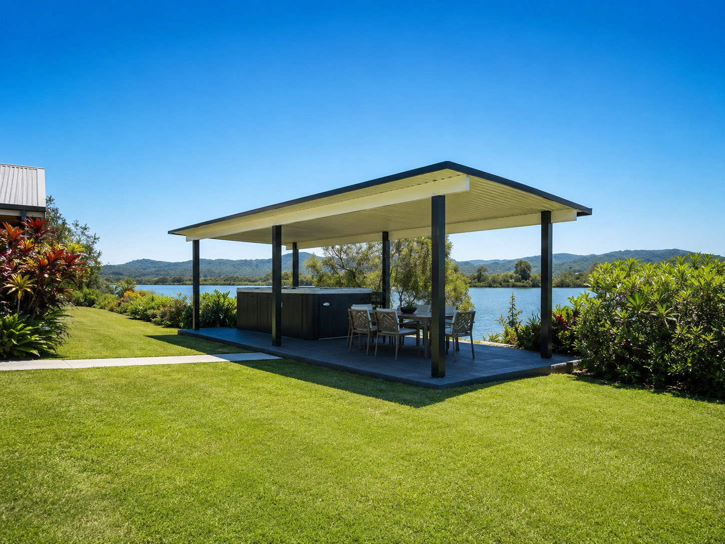 Freestanding gable patio by the water