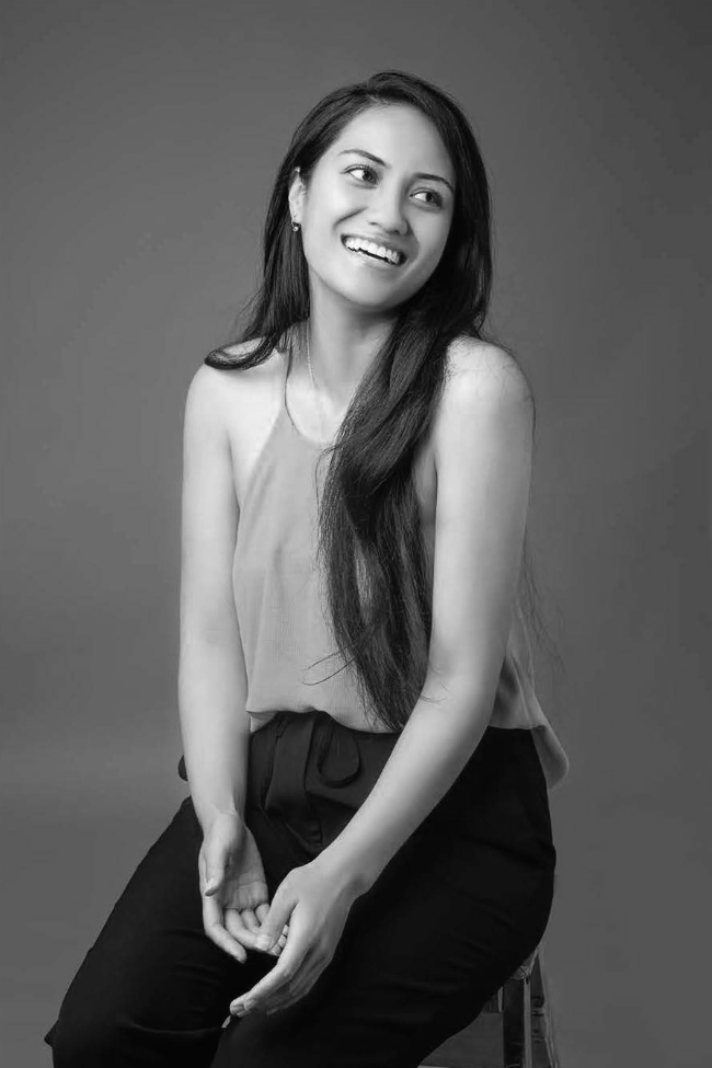 Black and white studio portrait of Liz