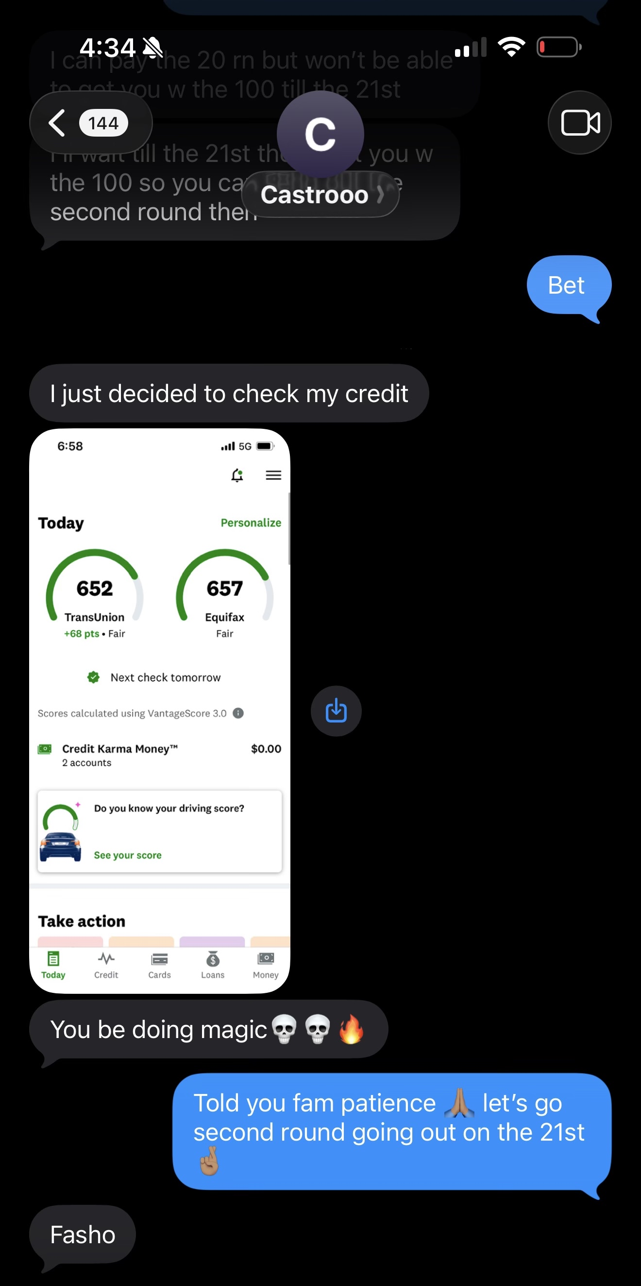 Castro credit scores TransUnion 652 Equifax 657