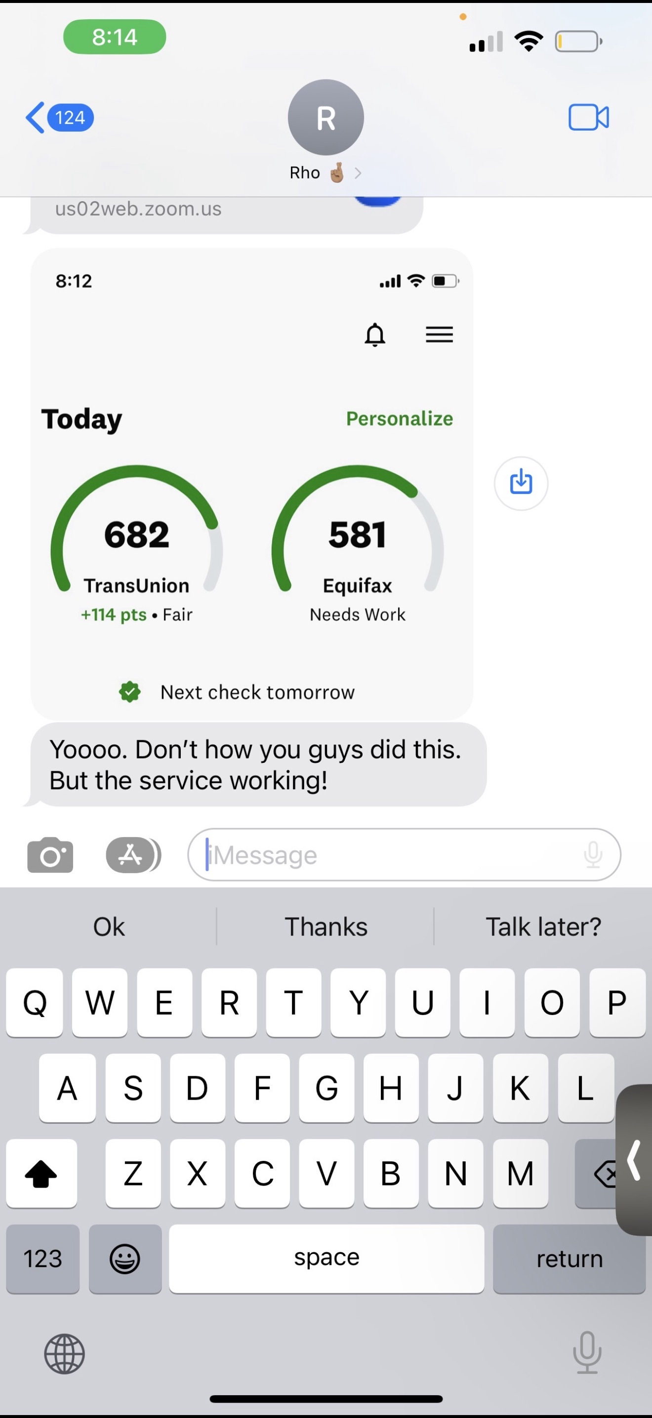 Rho credit scores TransUnion 682 +114 points