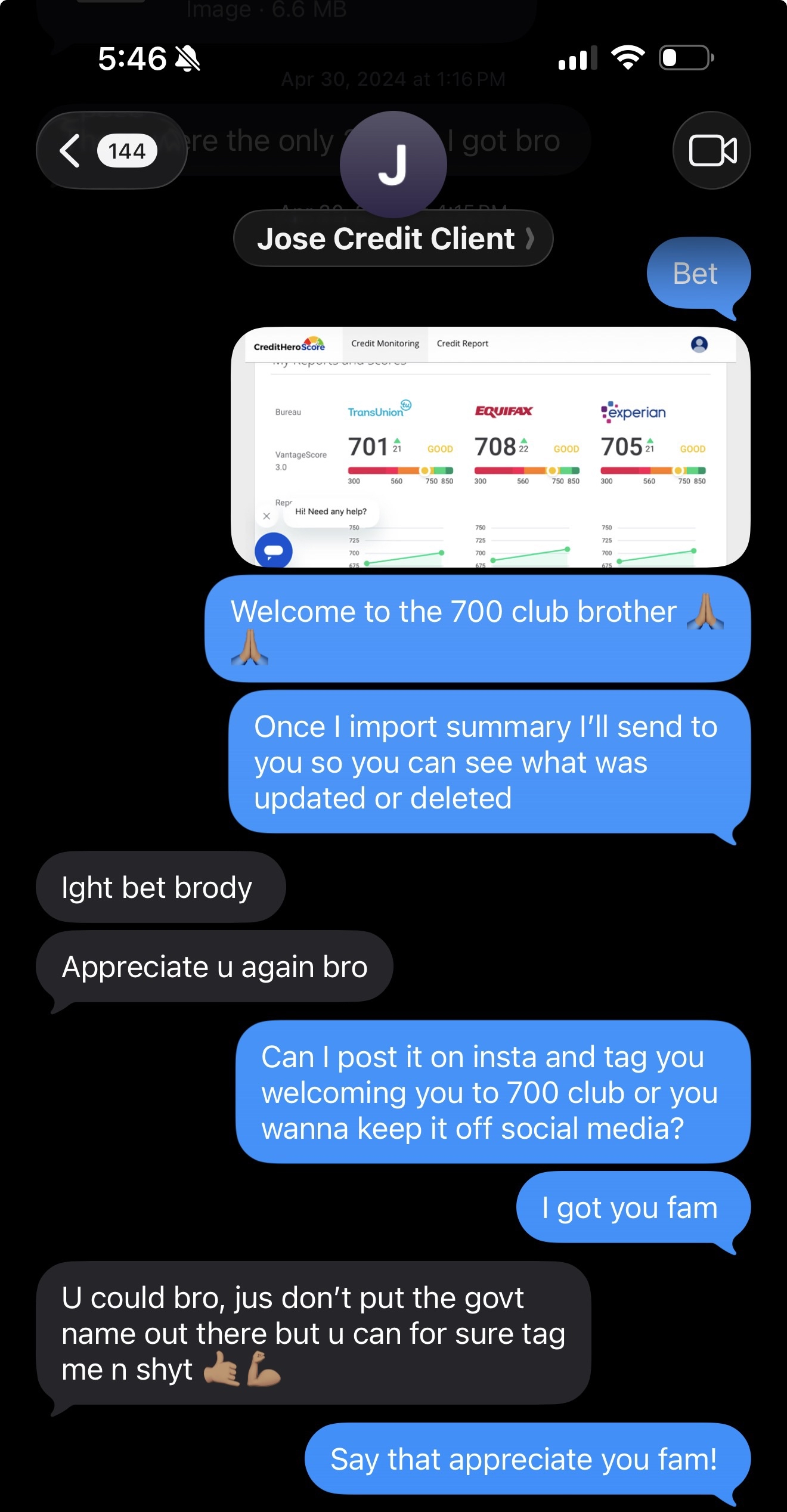 Jose credit scores 708 701 705 all bureaus Very Good