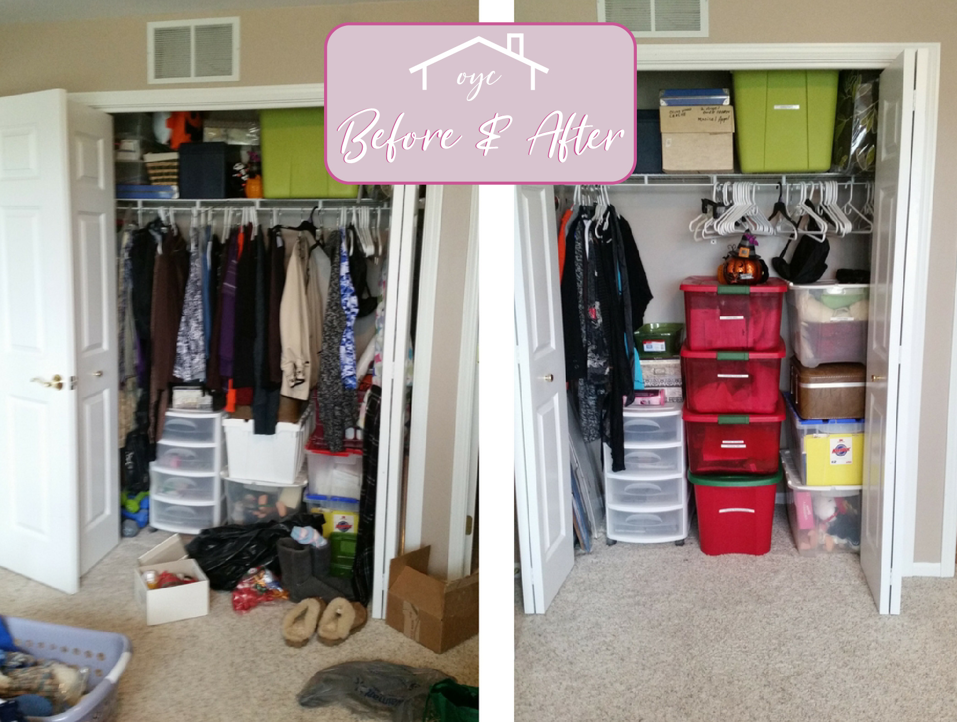 Before and after closet organizing