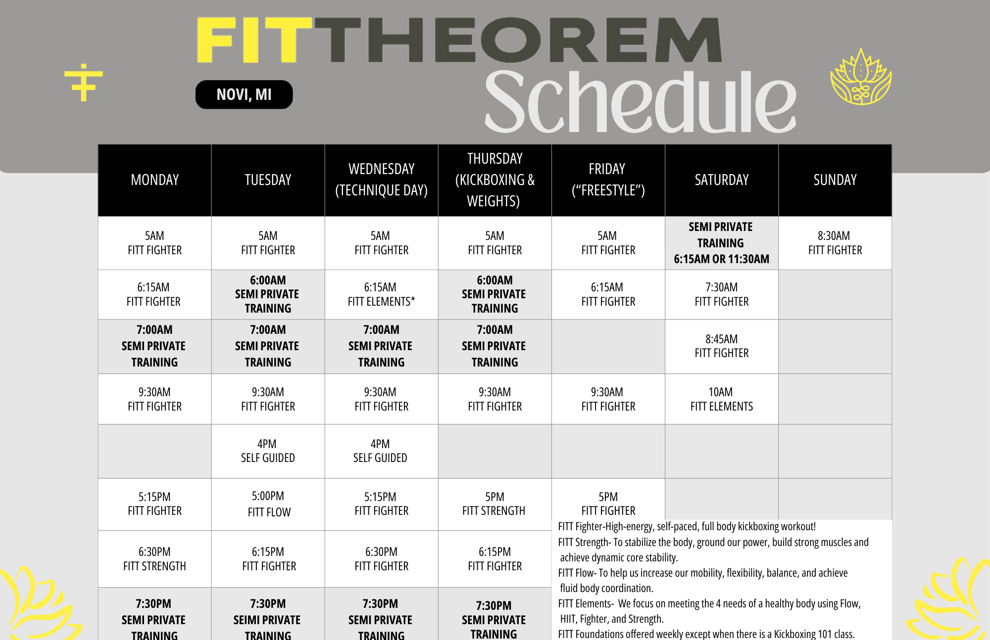 Fit Theorem's class schedule for kickboxing, HIIT, animal flow and more.