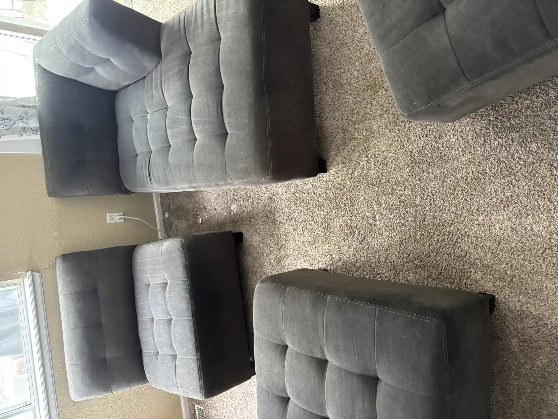 Before shot — Berber carpet basement, visible traffic lanes and spots