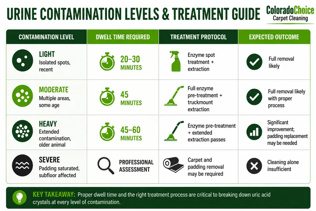 Infographic showing urine contamination levels, recommended enzyme dwell times, treatment methods, and expected carpet cleaning outcomes.