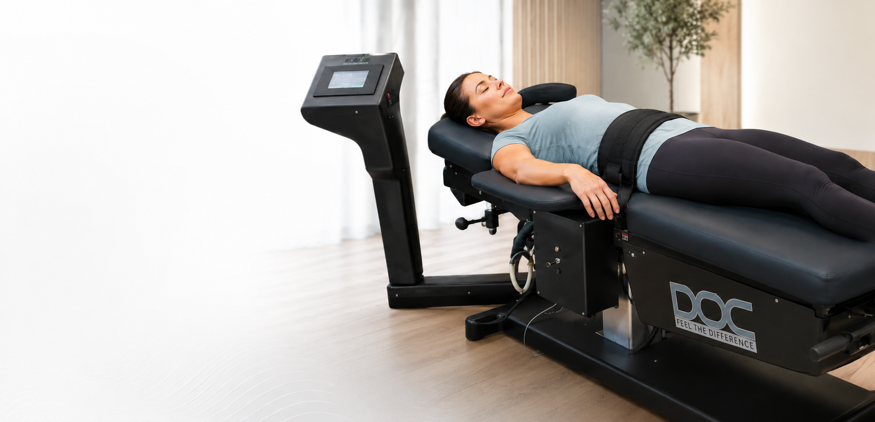 A patient lying on a blood circulation and decompression machine with a belt around the waist in a clinical setting