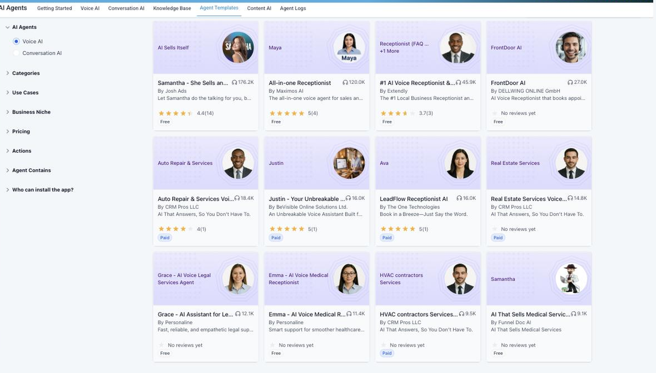 LeadLeaf AI Voice Agent template library showing prebuilt voice agent templates