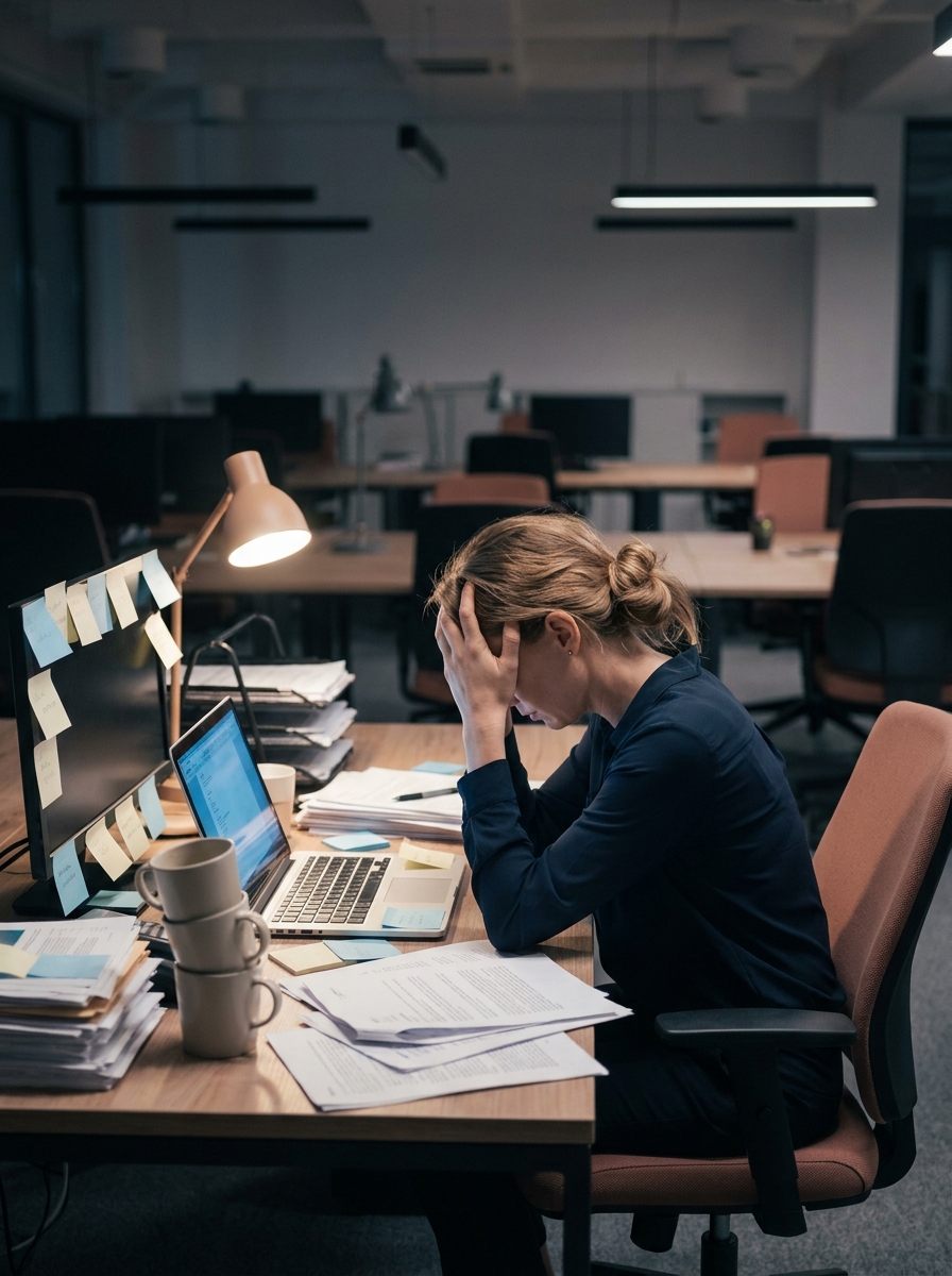 Une femme épuisée à son bureau le soir, après le départ des collègues