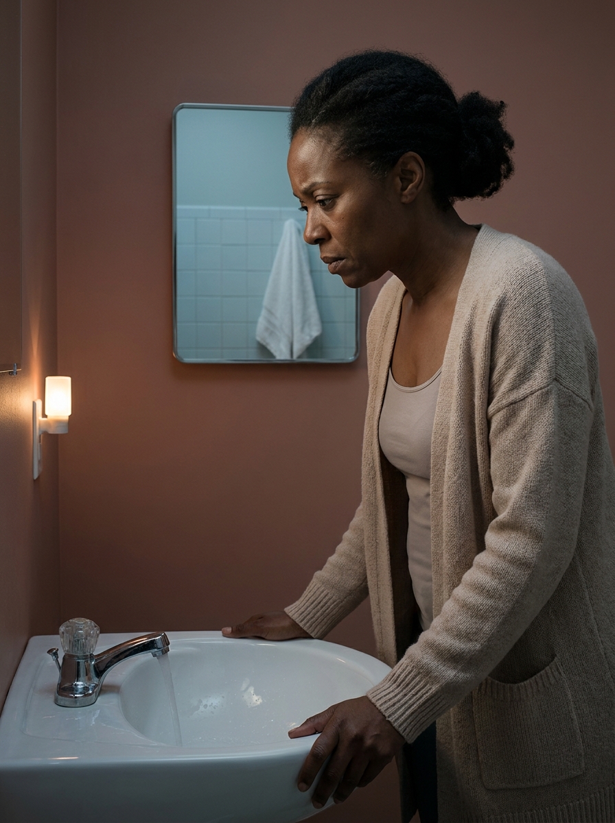 Une femme dans sa salle de bain, mains crispées sur le rebord du lavabo