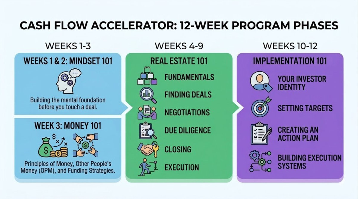 Infographic showing the 12-week Cash Flow Accelerator real estate investing coaching program from fundamentals to deal implementation. Infographic showing the 12-week Cash Flow Accelerator real estate investing coaching program from fundamentals to deal implementation.