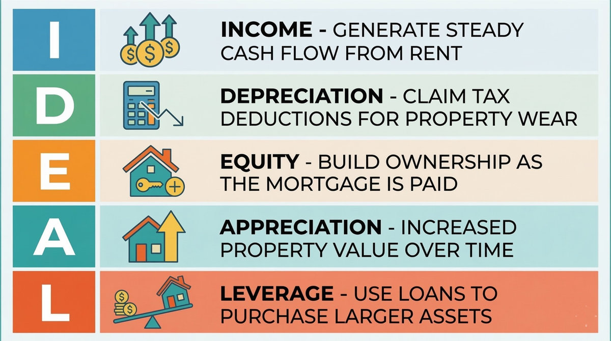 Infographic showing the IDEAL real estate investing framework: Income, Depreciation, Equity, Appreciation, and Leverage. Infographic showing the IDEAL real estate investing framework: Income, Depreciation, Equity, Appreciation, and Leverage.