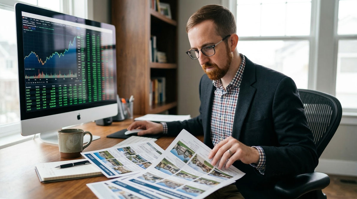 Chris Jansen reviewing financial charts and real estate listings while transitioning from stock investing to real estate investing. Chris Jansen reviewing financial charts and real estate listings while transitioning from stock investing to real estate investing.