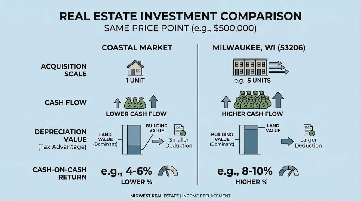 Infographic comparing Milwaukee vs coastal real estate showing cash flow, depreciation, and cash-on-cash return differences.