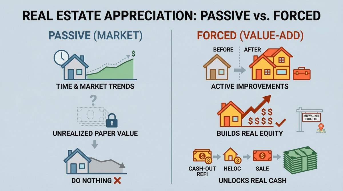 Infographic showing passive vs forced appreciation in Milwaukee real estate with value-add strategies and equity growth comparison.