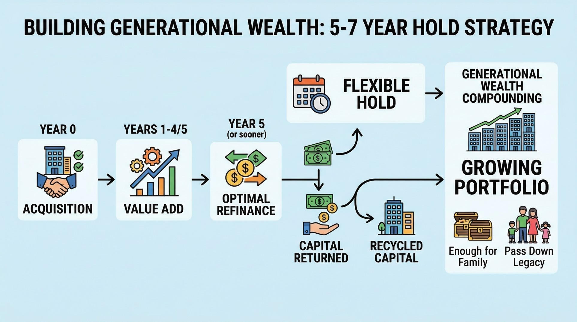 Infographic of multifamily investing 5 to 7 year hold strategy with refinance and capital recycling for generational wealth