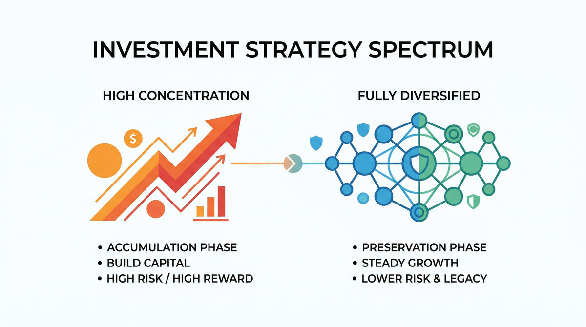Infographic showing investment strategy spectrum from high risk concentration to diversified portfolio for steady growth