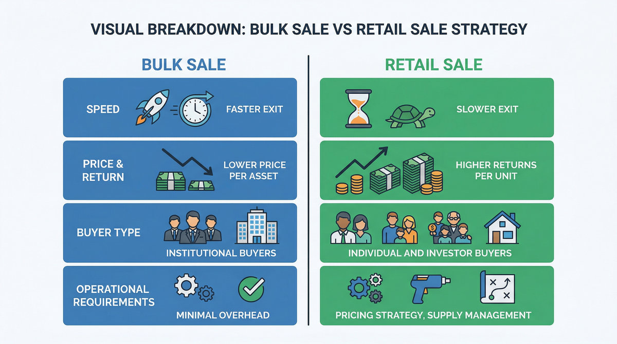 Infographic comparing bulk sale vs retail sale strategy in real estate including speed returns buyer type and operations