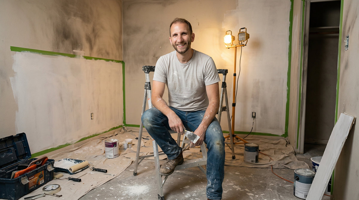 Small condo mid renovation with smoke stained walls primed and painter tape showing real house hacking project