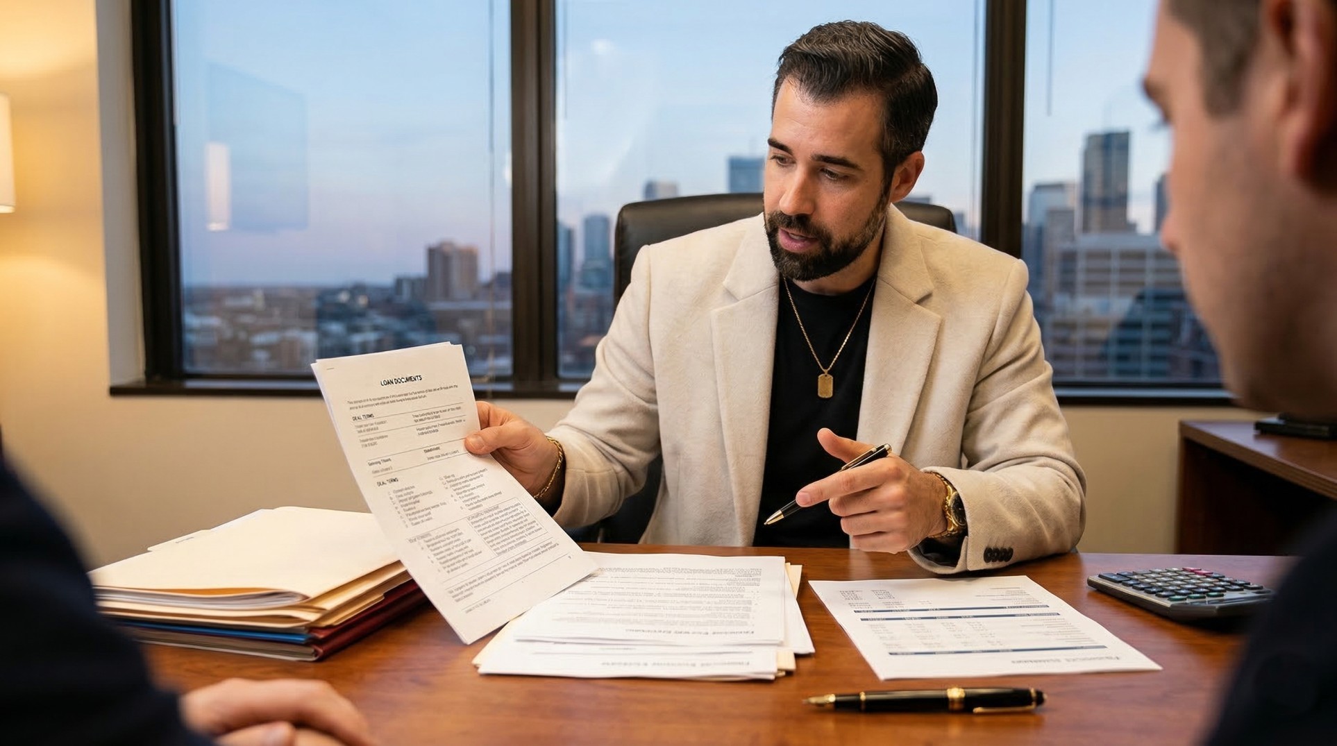 James Loffredo reviewing loan documents with investor, explaining private lending and DSCR loan terms in a client-focused setting.