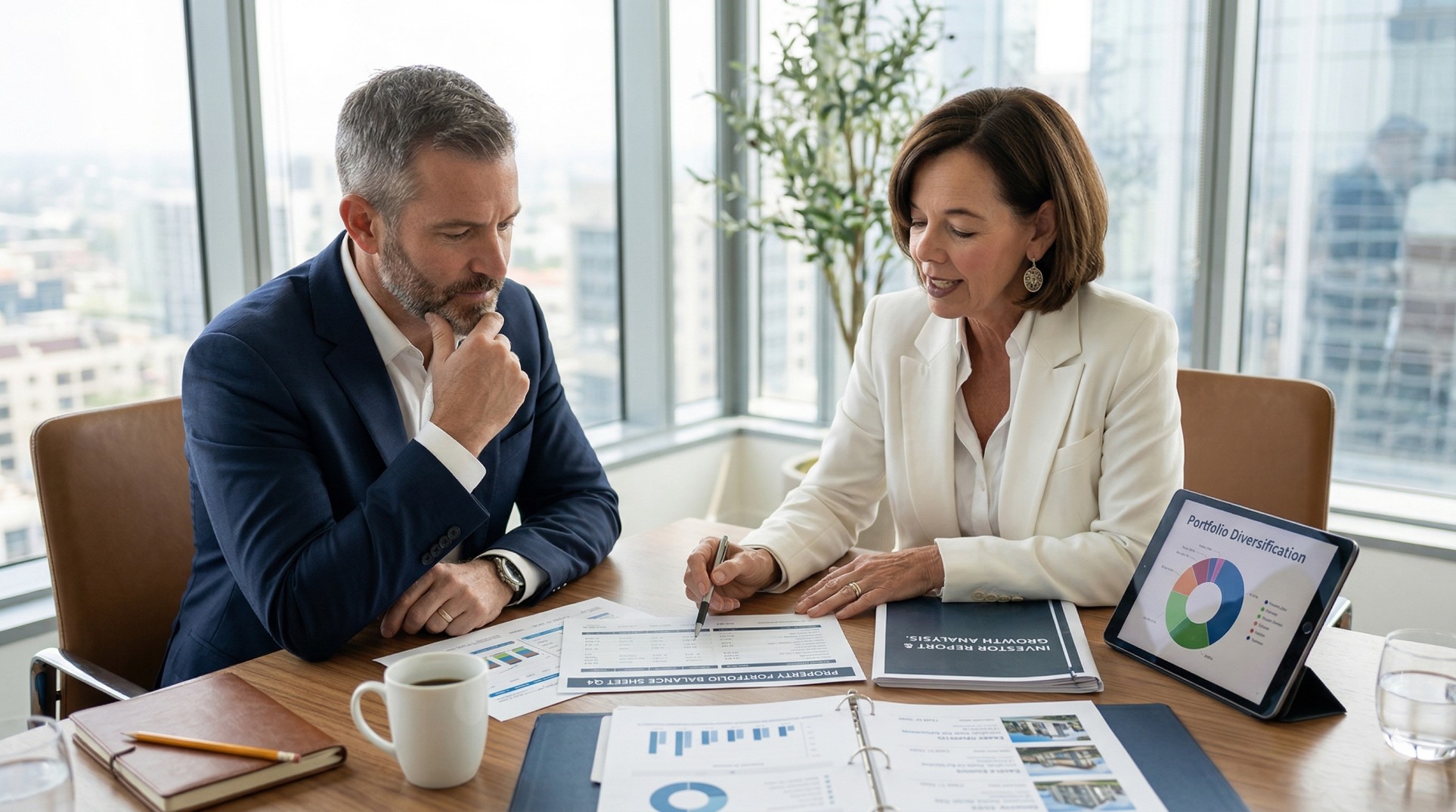 Wealth advisor reviewing financial documents and real estate balance sheet with client in modern office