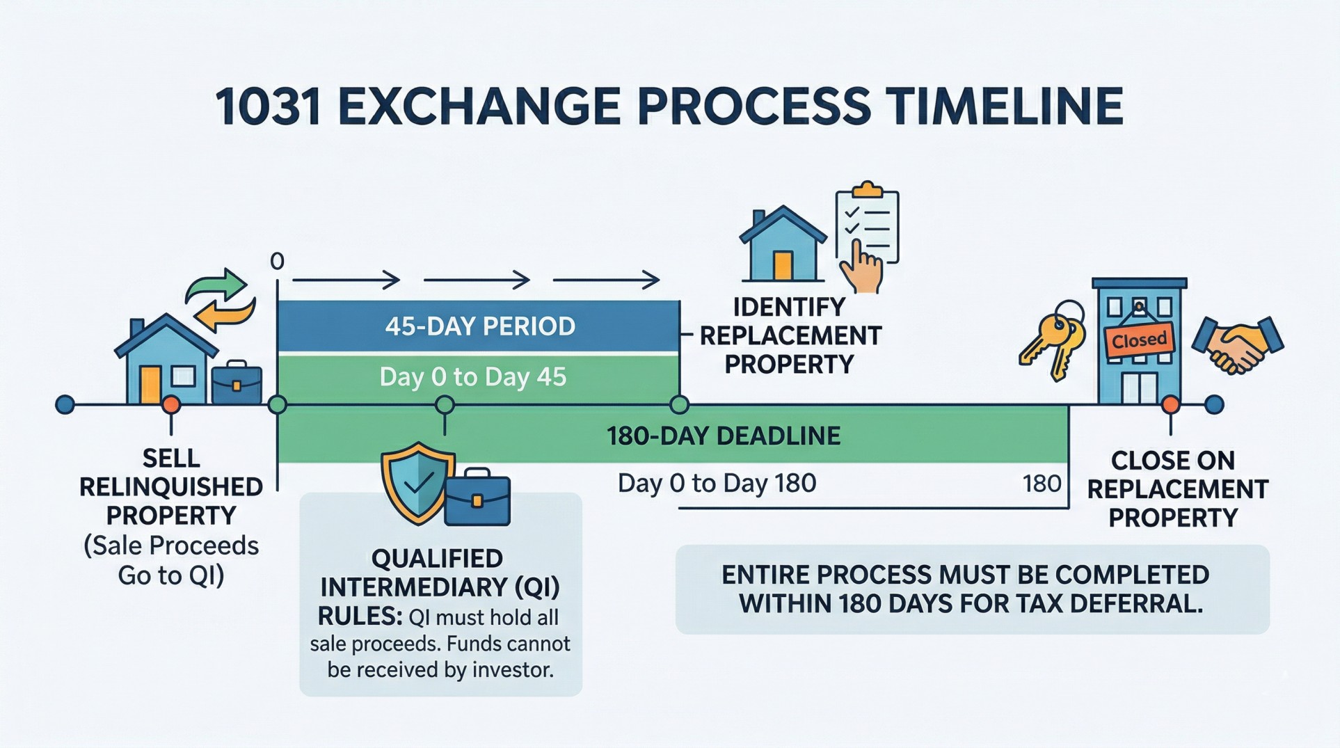 Infographic showing 1031 exchange timeline with 45-day identification and 180-day closing deadlines and intermediary steps