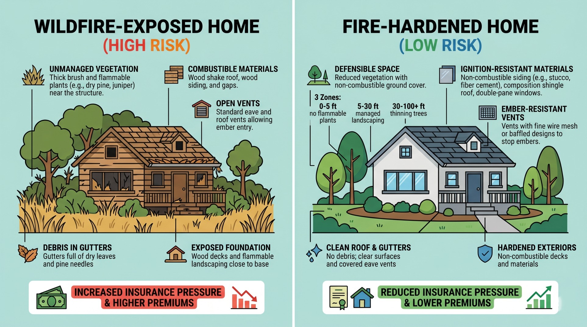 Infographic comparing wildfire-exposed vs fire-hardened home with California Fair Plan context and Robert Feldman insights on insurance risk reduction. Infographic comparing wildfire-exposed vs fire-hardened home with California Fair Plan context and Robert Feldman insights on insurance risk reduction.