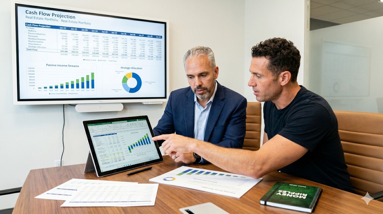 hris Miles of Money Ripples discussing cash flow investing strategy with a client. hris Miles of Money Ripples discussing cash flow investing strategy with a client.