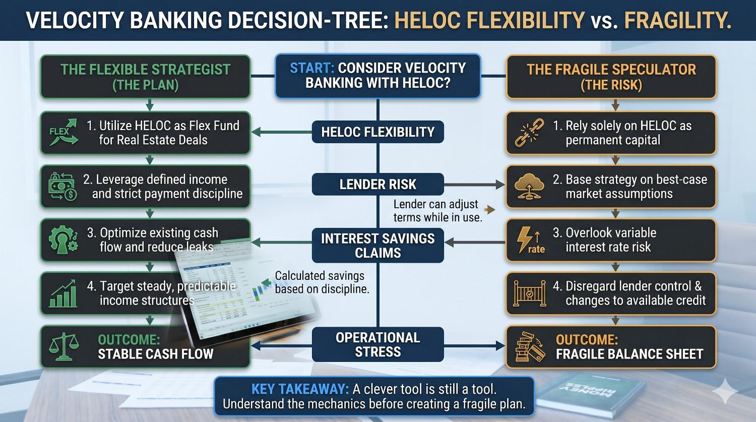 Infographic showing velocity banking tradeoffs with HELOC flexibility, lender risk, and cash flow considerations. Infographic showing velocity banking tradeoffs with HELOC flexibility, lender risk, and cash flow considerations.