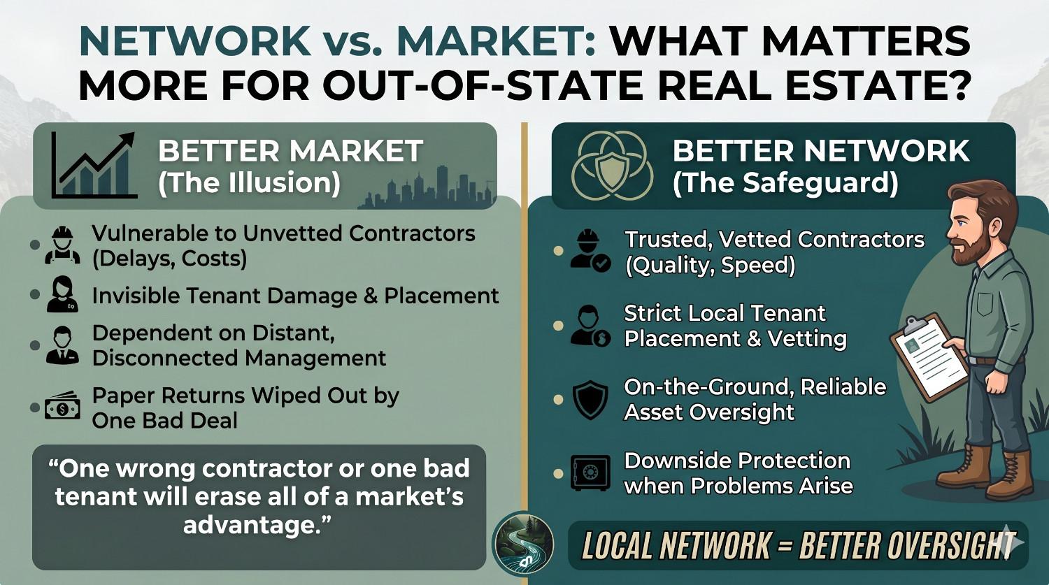 Infographic showing why a strong local network matters more than marginal market differences for out-of-state real estate investors.