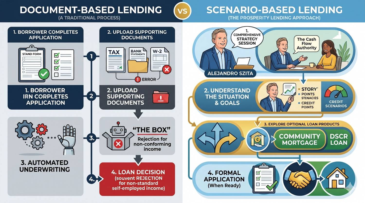 Flowchart comparing scenario-based lending with document-based lending for self-employed mortgage borrowers. Flowchart comparing scenario-based lending with document-based lending for self-employed mortgage borrowers.