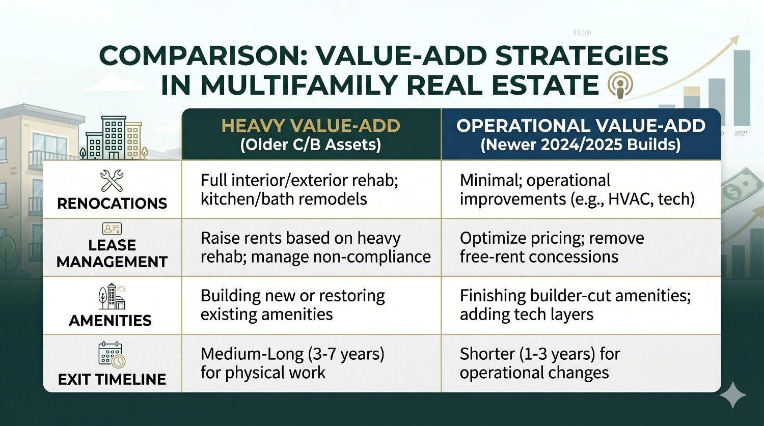 a comparison chart of Heavy Value-Add versus Operational Value-Add strategies in multifamily real estate a comparison chart of Heavy Value-Add versus Operational Value-Add strategies in multifamily real estate