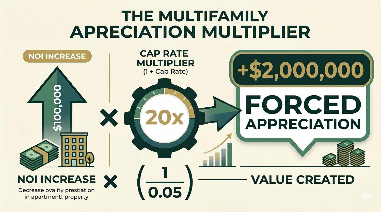 infographic formula showing how a $100K NOI increase creates $2M in forced appreciation at a 5% cap rate infographic formula showing how a $100K NOI increase creates $2M in forced appreciation at a 5% cap rate