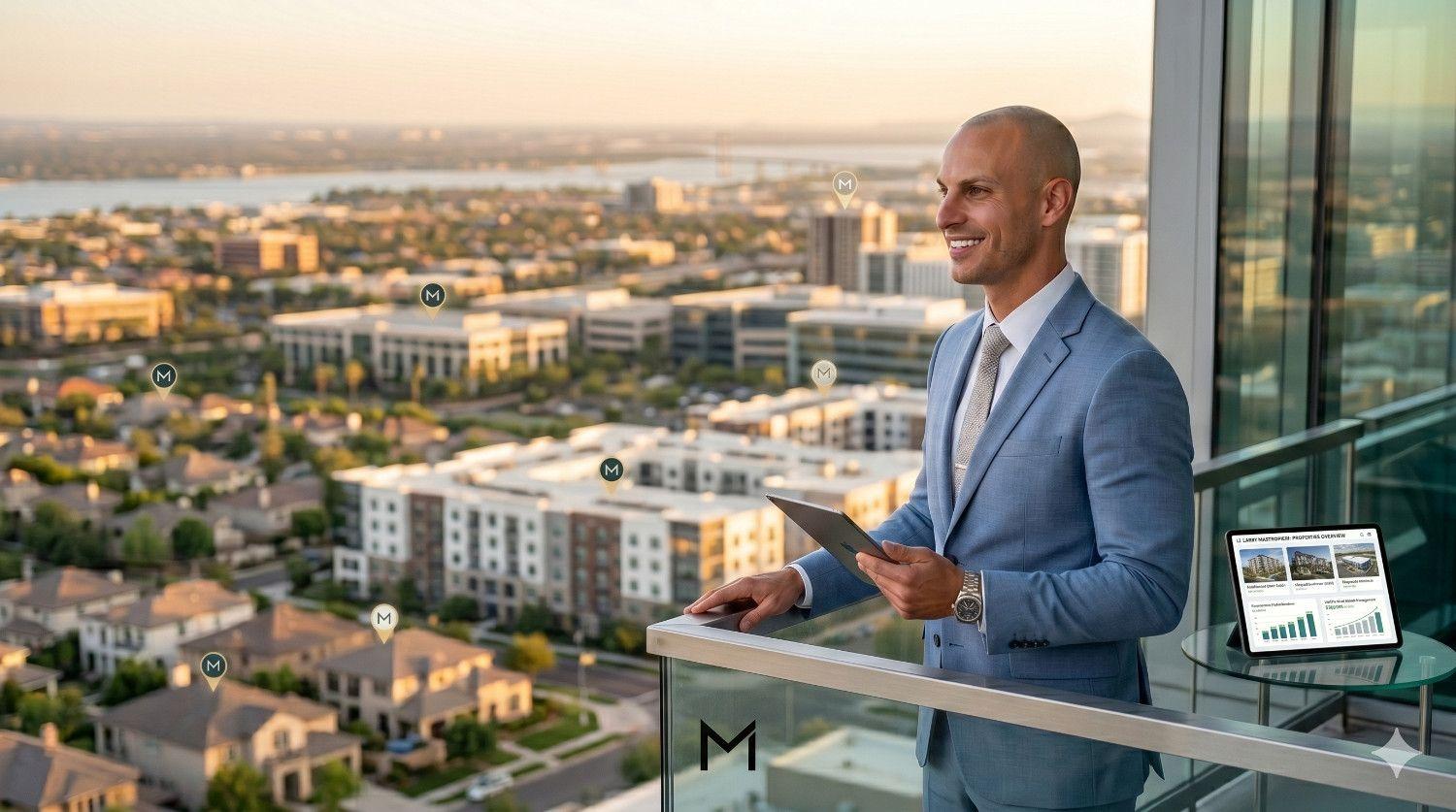 Larry Mastropieri looking over a sprawling cityscape with a large portfolio of multifamily and residential properties