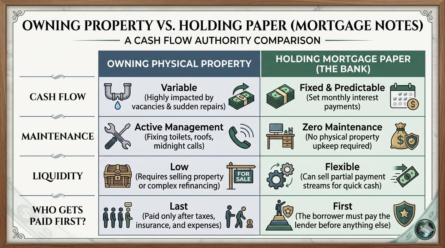comparison table comparing owning physical property versus holding mortgage paper