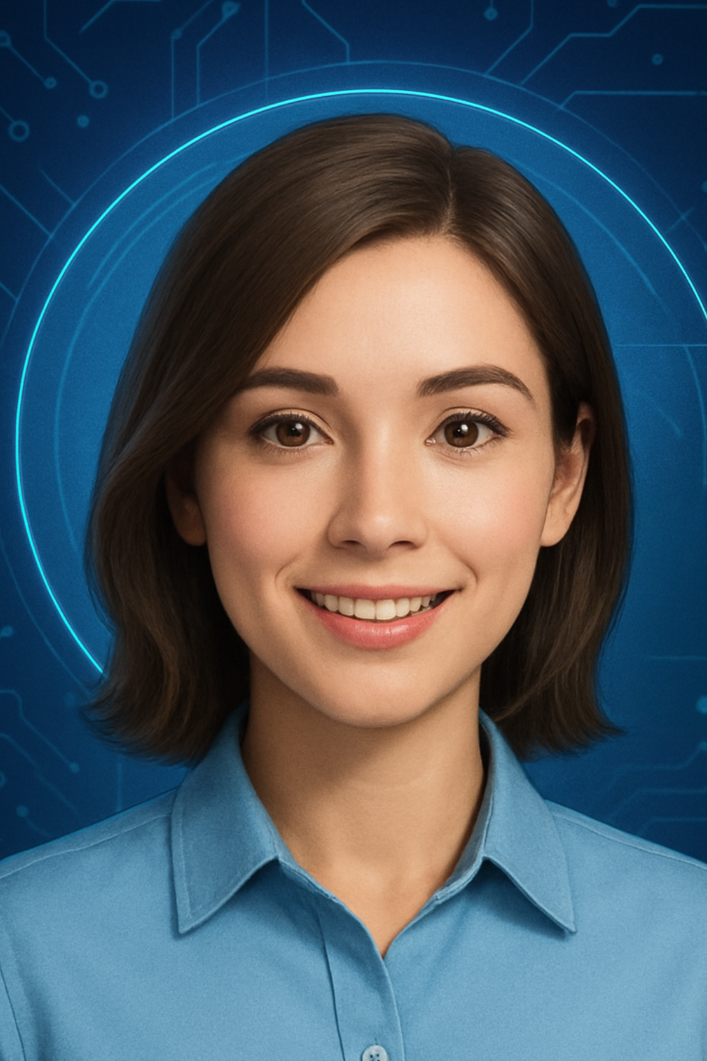 AI receptionist Lexi, smiling woman in blue shirt, digital circuit background, representing ClikForce's automated communication solutions.