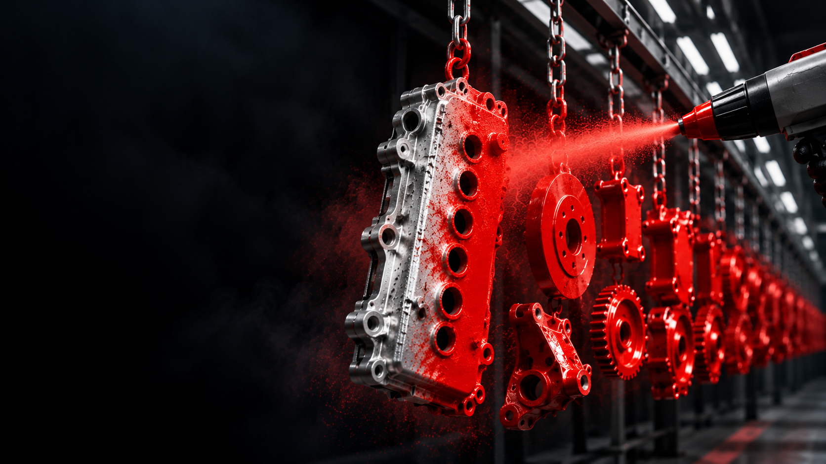 Electrostatic powder coating — metallic red powder applied to red-coated precision-machined metal parts at Victory Fab