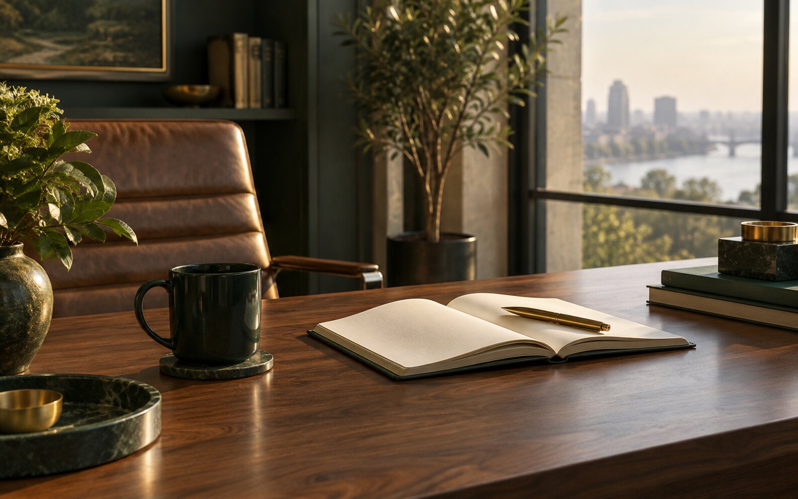 A refined executive workspace with an open notebook, brass pen, and city view