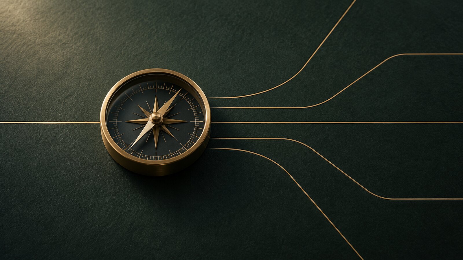 A brass compass with multiple decision paths extending outward