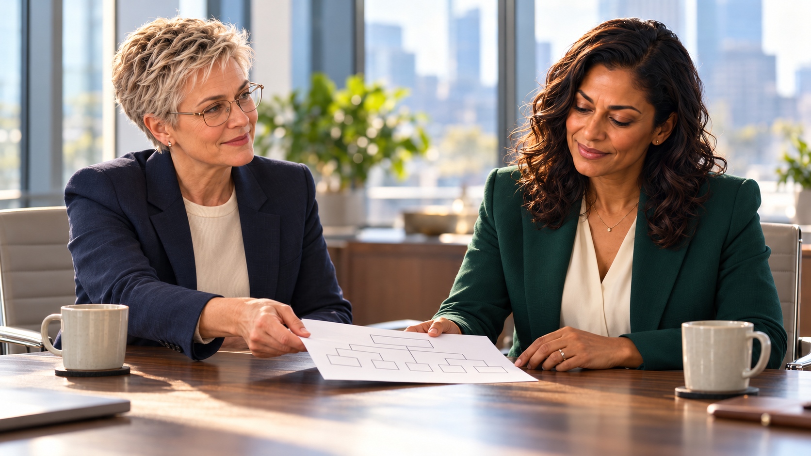 Maya and Elaine discuss Maya’s promotion in a sunlit office. Maya and Elaine discuss Maya’s promotion in a sunlit office.
