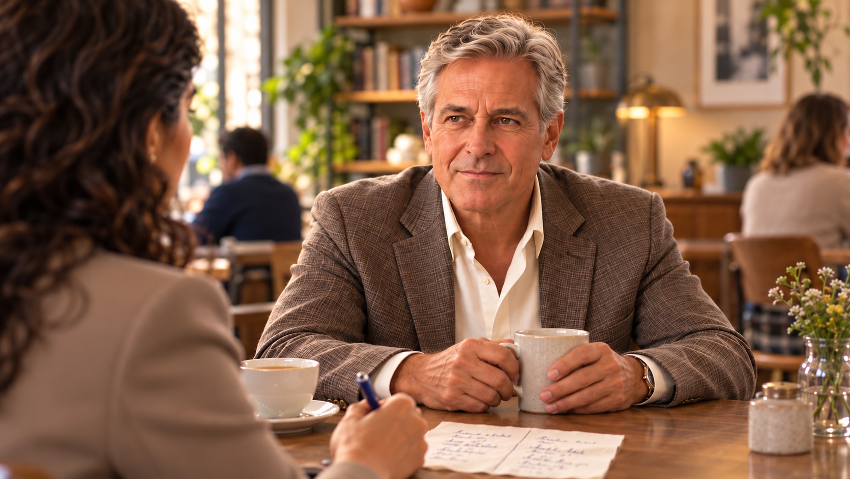 Maya talks with silver-haired Thomas over coffee at a café table. Maya talks with silver-haired Thomas over coffee at a café table.