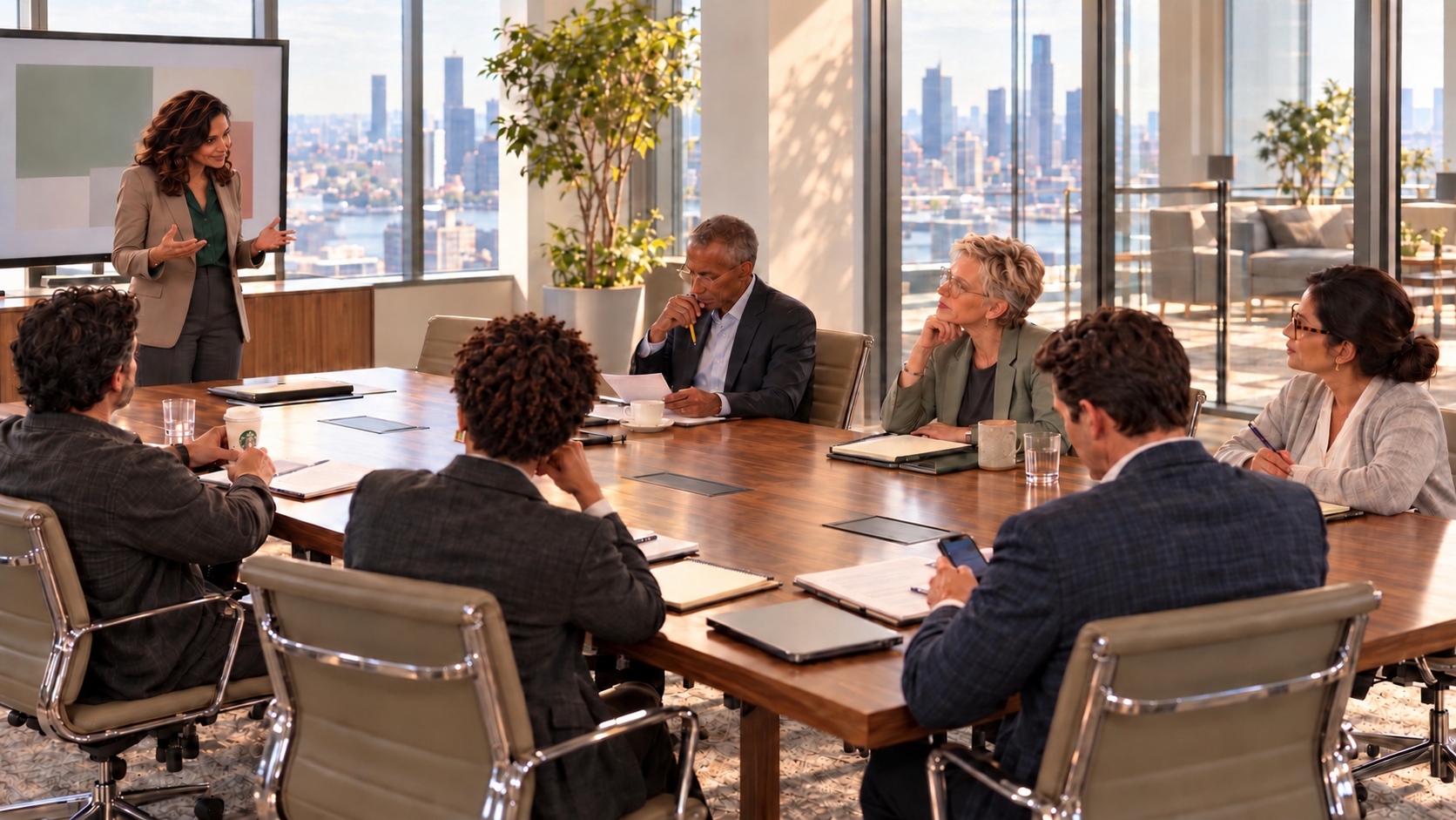 Maya joins the executive team around a conference table overlooking the city. Maya joins the executive team around a conference table overlooking the city.