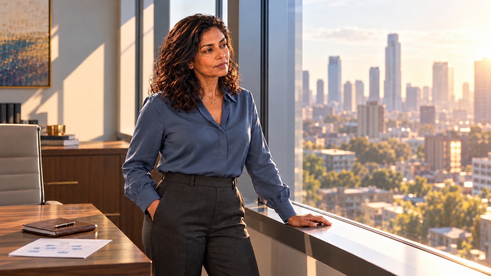 Maya reflects beside her office window, with trees and city buildings outside. Maya reflects beside her office window, with trees and city buildings outside.