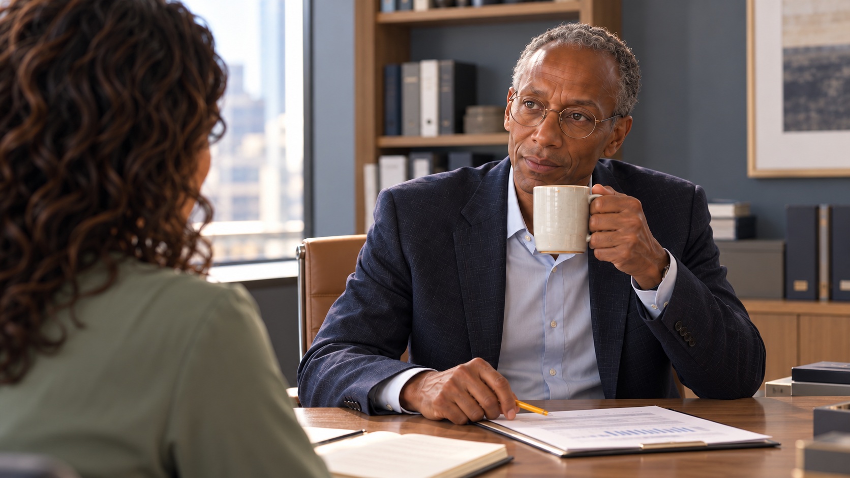 Victor discusses financial evidence with Maya across his office desk, holding a mug and pointing to a worksheet. Victor discusses financial evidence with Maya across his office desk, holding a mug and pointing to a worksheet.