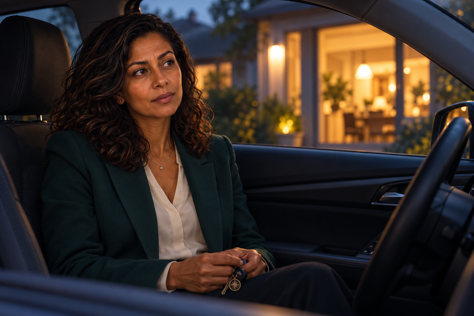 Maya sits in her car outside her home at dusk Maya sits in her car outside her home at dusk
