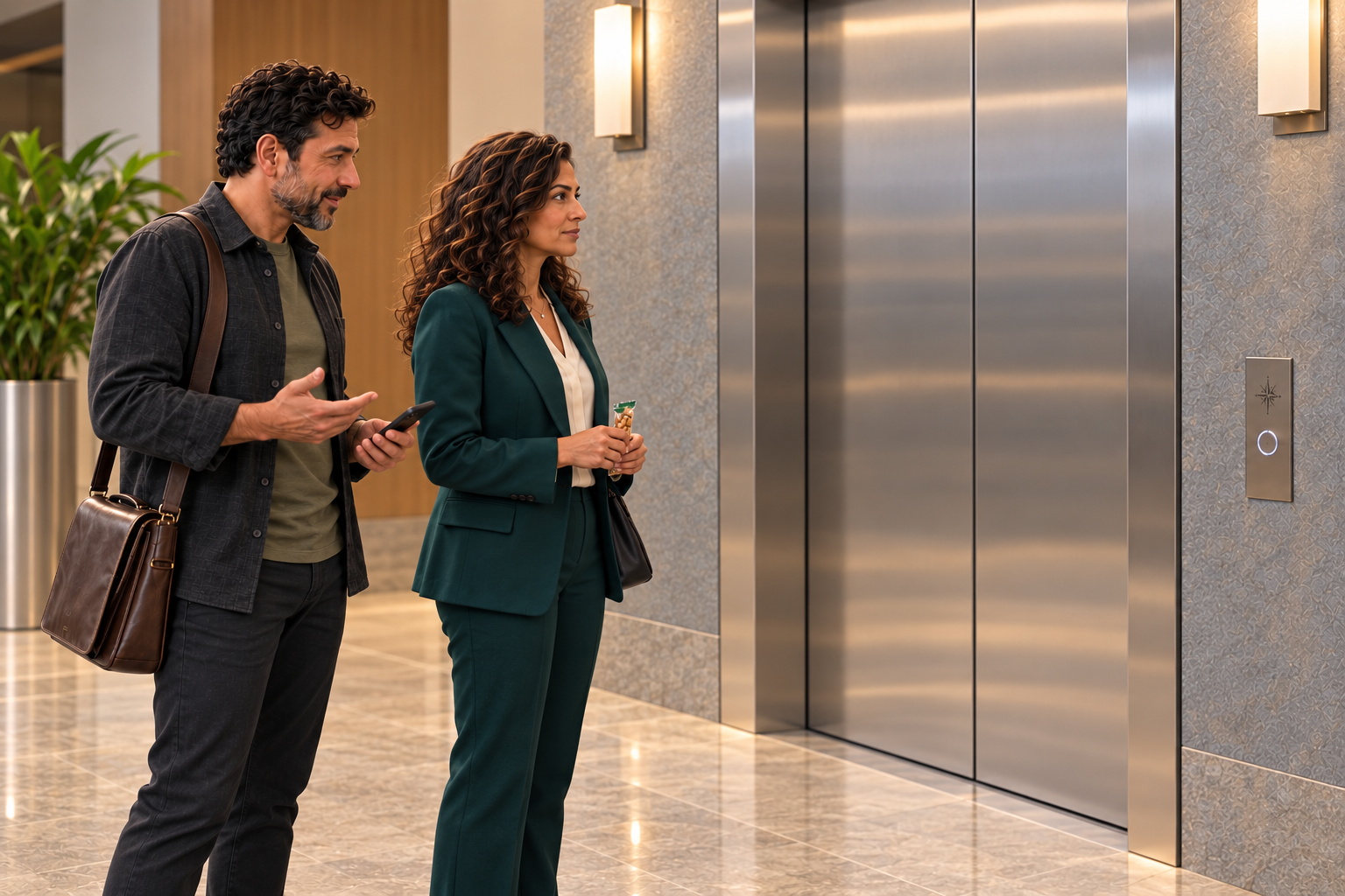 Omar invites Maya to join colleagues while they wait at the elevator Omar invites Maya to join colleagues while they wait at the elevator