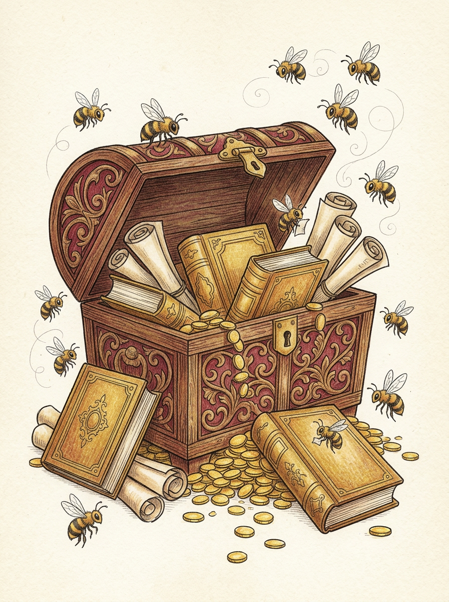 art for "The Treasure Chest on Your Shelf" by Judy M. Baker, the Queen Bee of Book Marketing. A vintage storybook illustration shows an ornate wooden treasure chest overflowing with golden books, scrolls, and gold coins, surrounded by honeybees in flight on a cream background. art for "The Treasure Chest on Your Shelf" by Judy M. Baker, the Queen Bee of Book Marketing. A vintage storybook illustration shows an ornate wooden treasure chest overflowing with golden books, scrolls, and gold coins, surrounded by honeybees in flight on a cream background.
