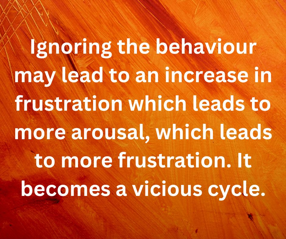 Quote from the article.  Ignoring the behaviour may lead to an increase in frustration which leads to more arousal, which leads to more frustration.&nbsp; It becomes a vicious cycle.