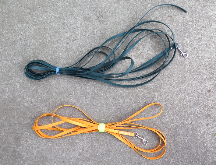 Picture of two biothane leashes on 15' and one 30'.