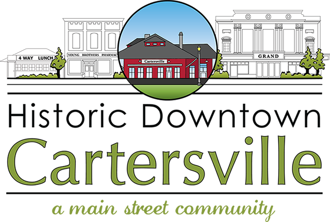 Historic downtown Cartersville with people strolling past storefronts, cafe seating, and hanging flower baskets, framed with colorful hand-drawn accents.