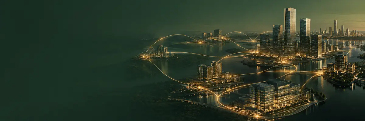 Connected waterfront city at dusk